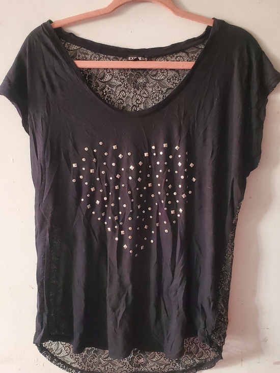 Express Tops - Express Black Short-Sleeve Tee with Stud Heart and Lace Back